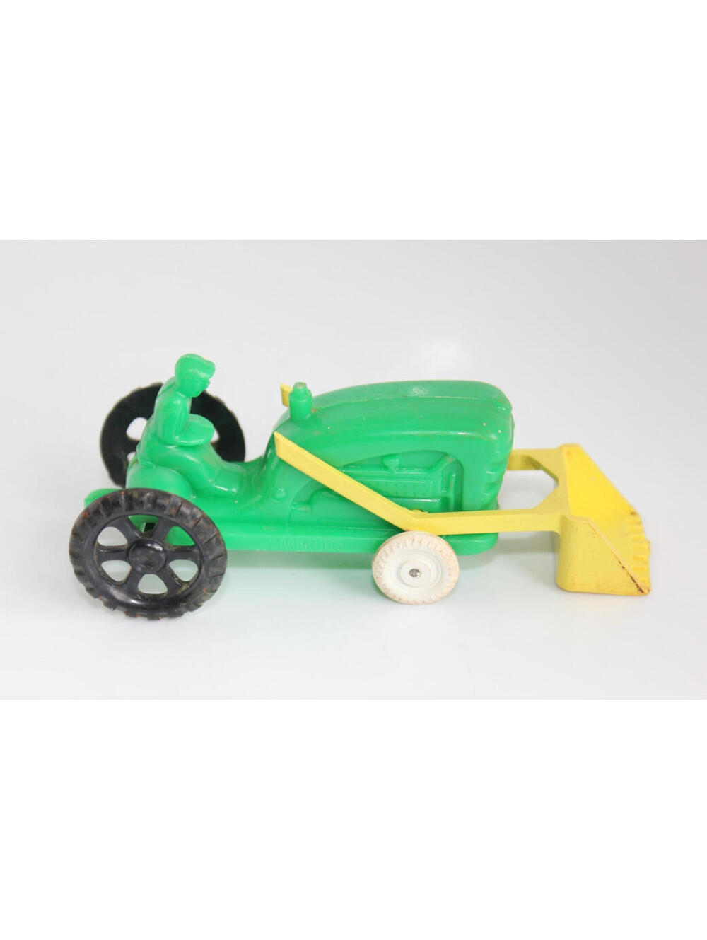 Vintage 1950's Molded Hard Plastic Wannatoys Farm Tractor with Plow Green/Yellow